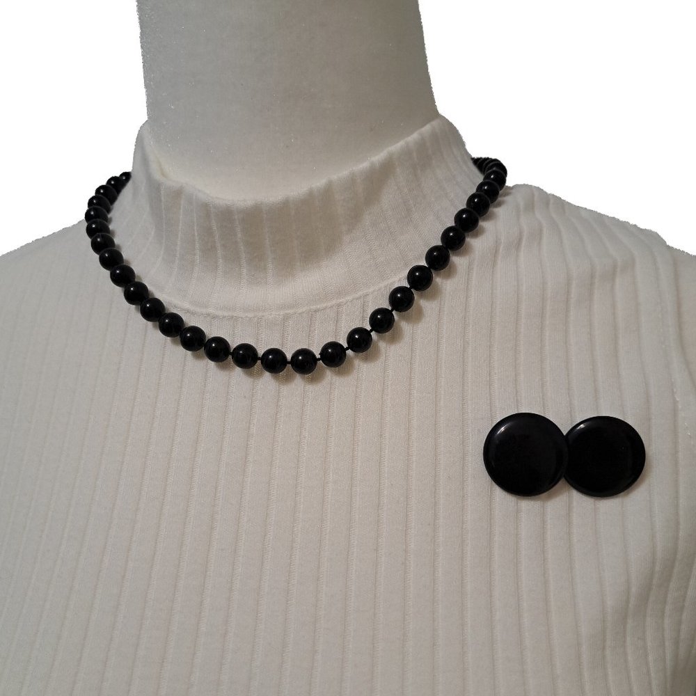 Vintage 80s Black Beaded Necklace with Button Earrings